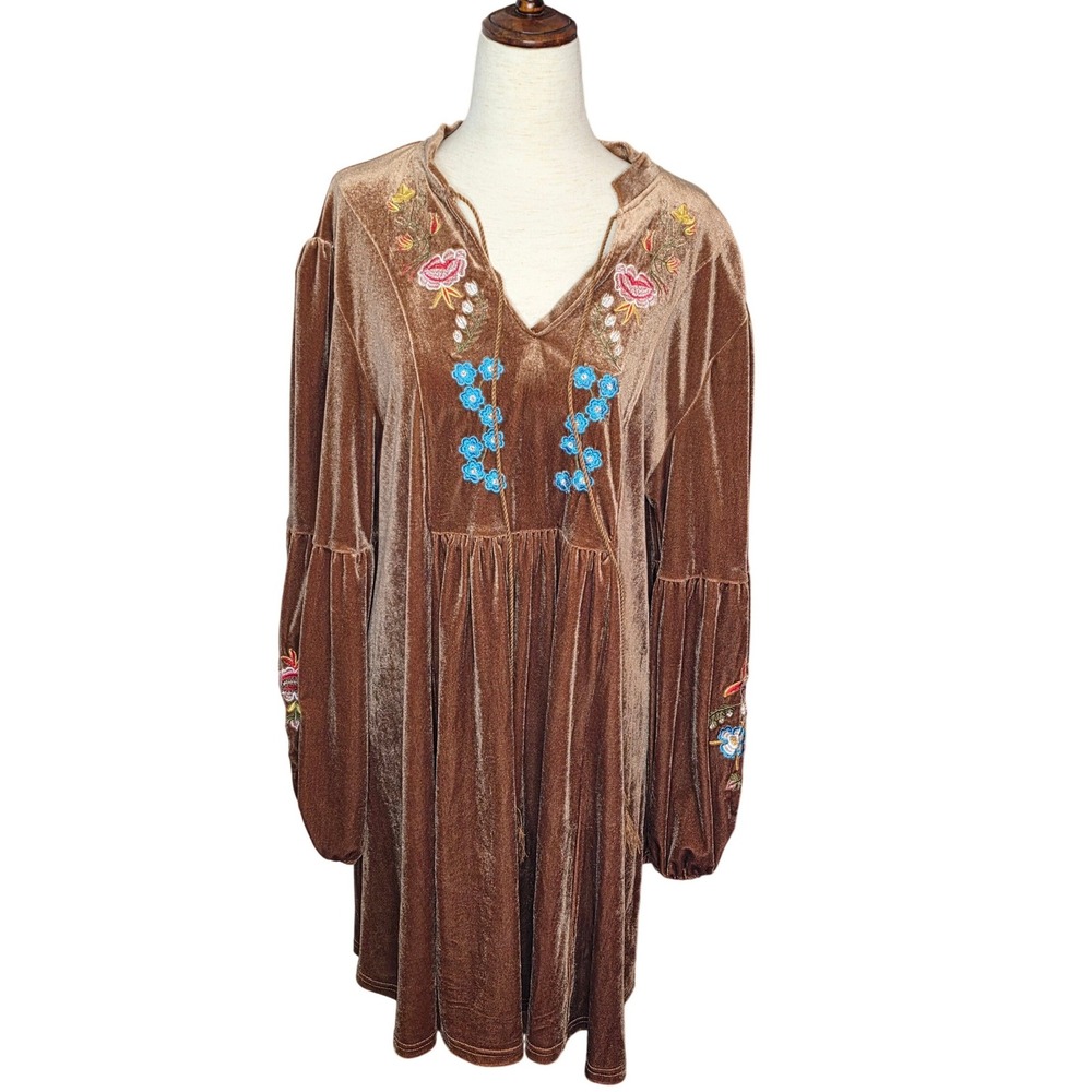 Her Story Brown Velvet Embroidered Tassel V-Neck Mini Dress boho festival
